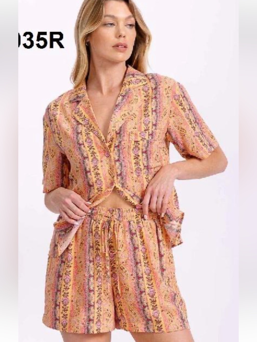 En Creme paisley short set short sleeve button down top yellow based boho print